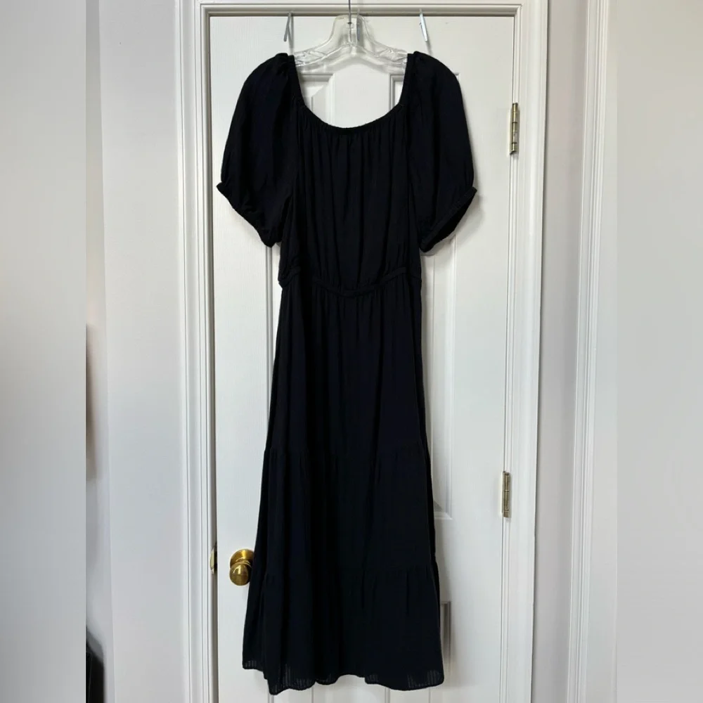 LOFT Black Gauze Scoop Neck Tiered Midi Dress - Picture 2 of 7